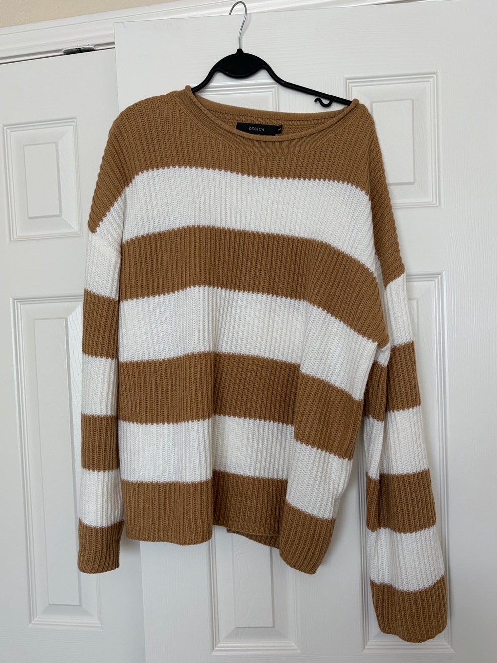 Oversized Striped Crew Sweater in Camel and White